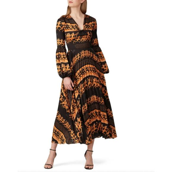 Patou Black Pleated Egyptian Print Dress sz 36 (6 small) Long Ankle Length Maxi - Picture 1 of 10